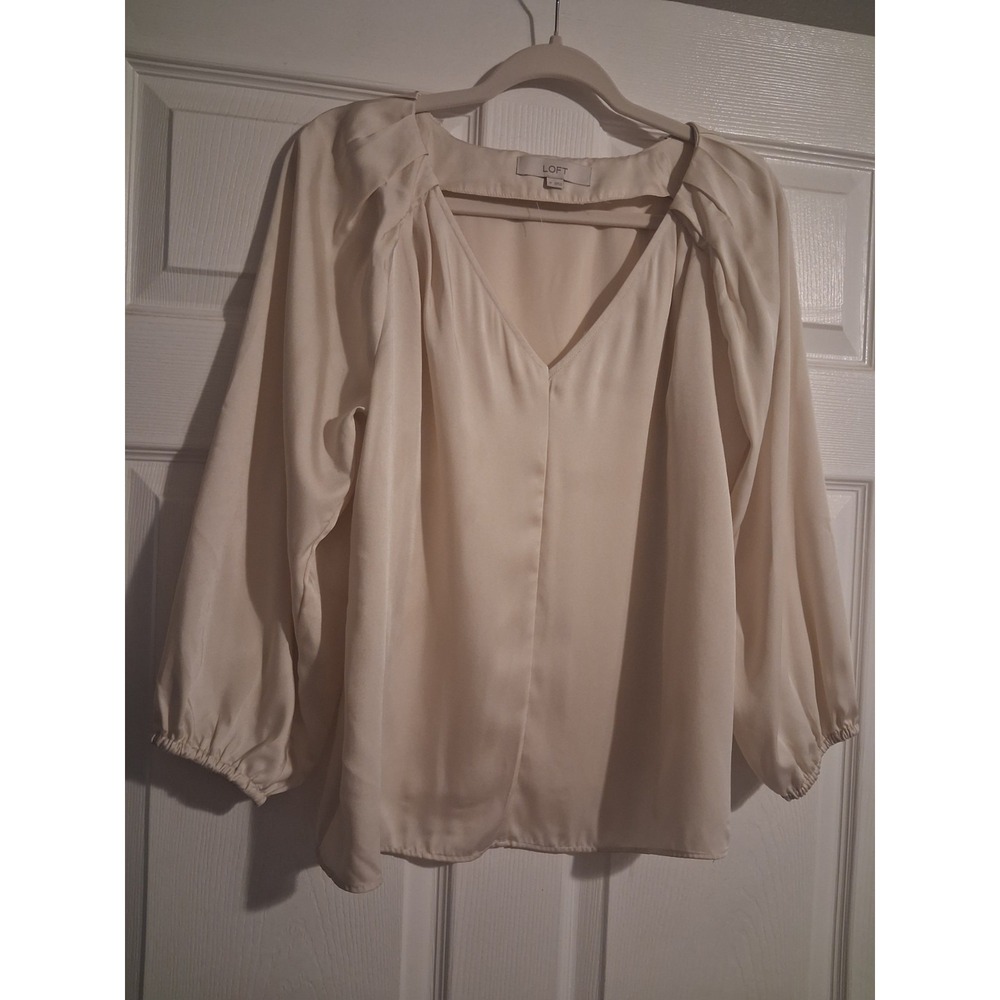 LOFT Womens Medium Beige V Neck Puff Sleeve Blouse Business Casual Formal Top